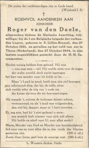 achterzijde bidprentje Roger Vandendaele +27.10.1944